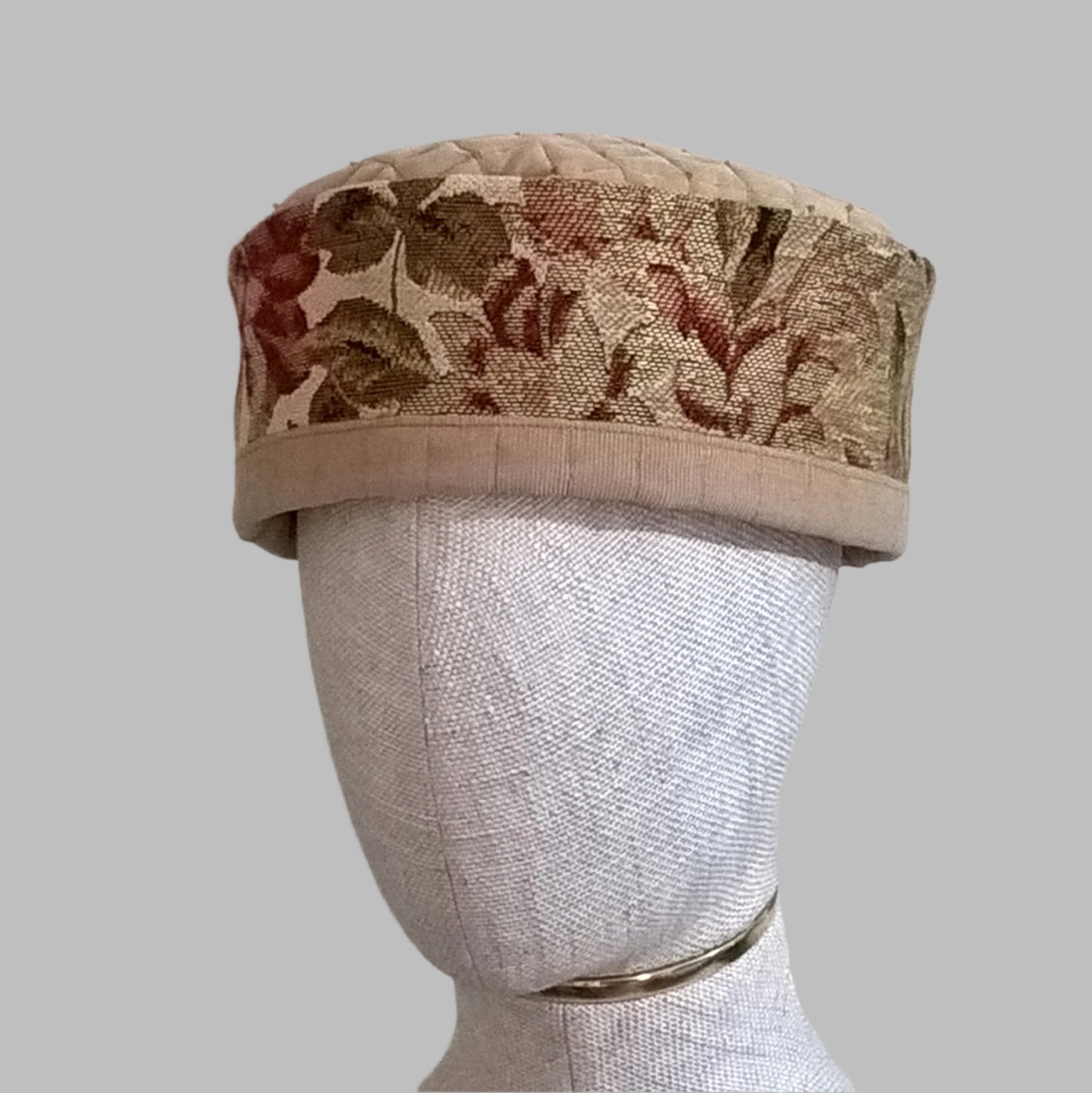 Quilted and beaded floral tapestry thinking cap