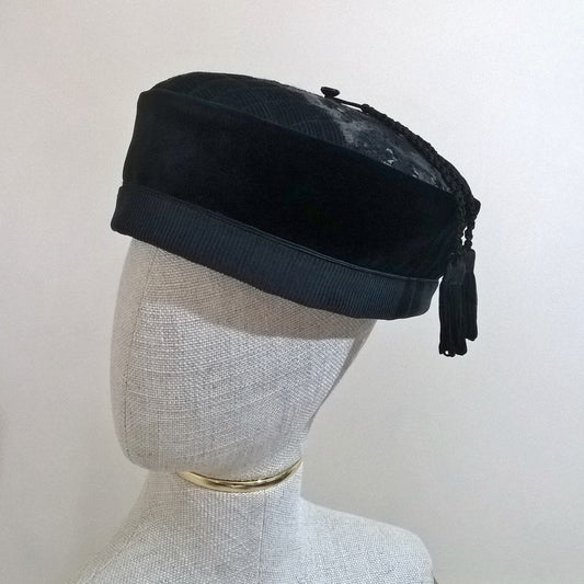 Black cord and velvet smoking cap with nuno felting and tassel
