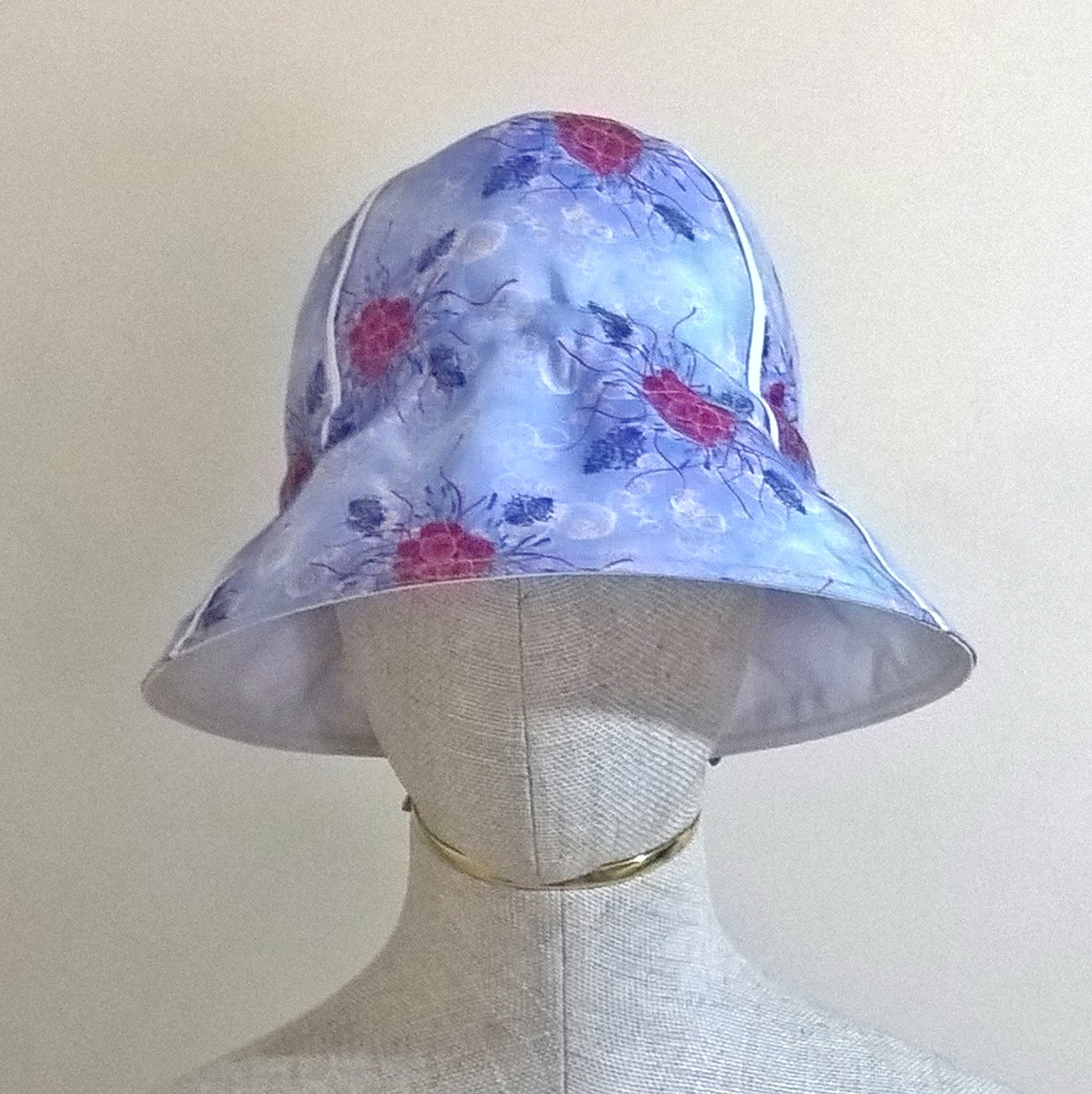 Blue and red floral bucket hat handmade in cotton silk blend