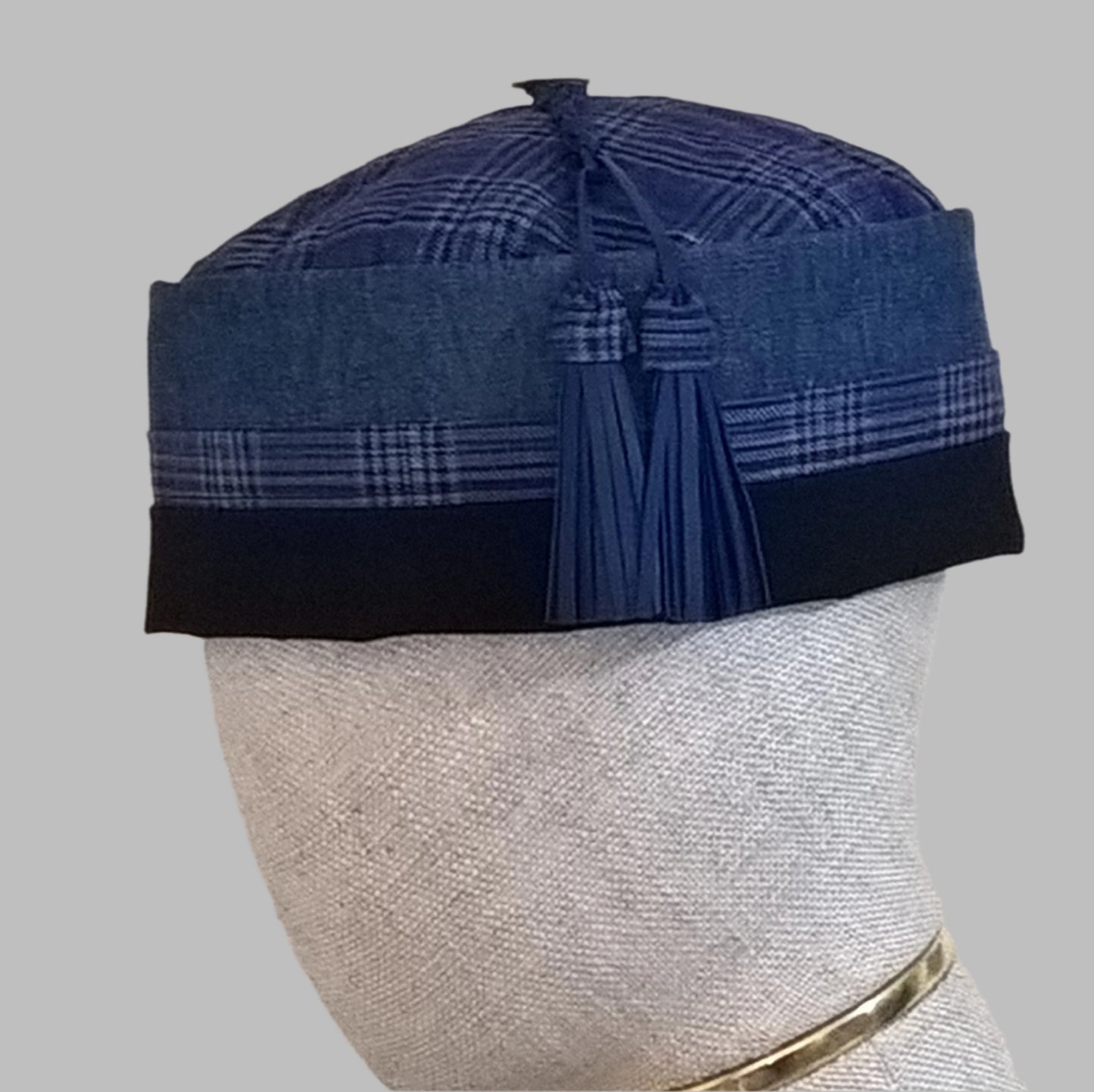 Light weight handmade smoking cap in cobalt blue and navy with removable leather tassel