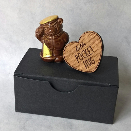 miniature ceramic bear embellished with pure gold leaf and wooden heart pocket hug 