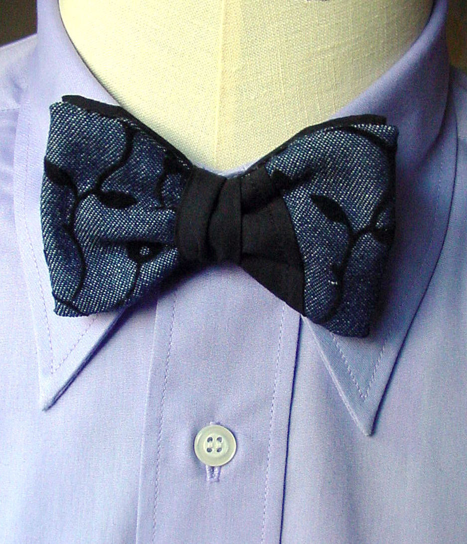 Clip On Tuxedo Bow Tie in Denim Blue Black, 1930s Style Cotton Anniversary