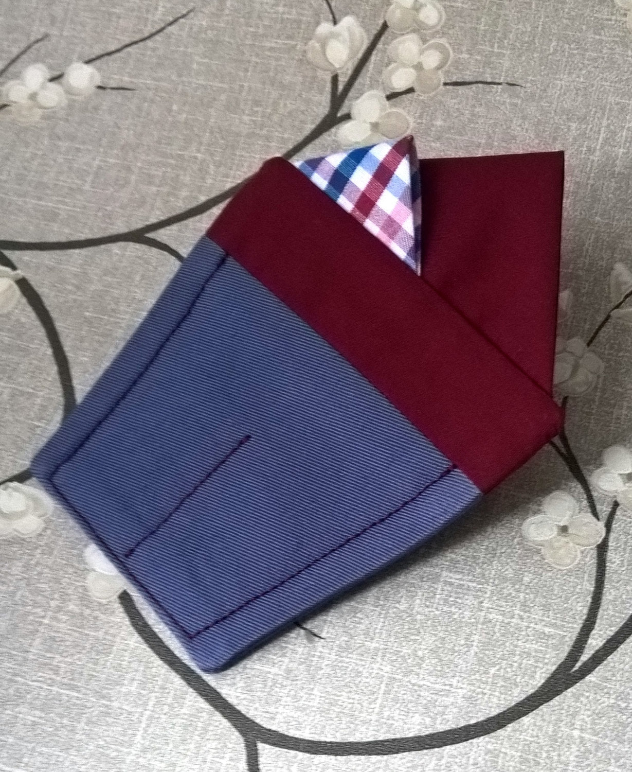Pocket Square Pre Folded with Burgundy Gingham Check, Suit Accessory Retro Fashion