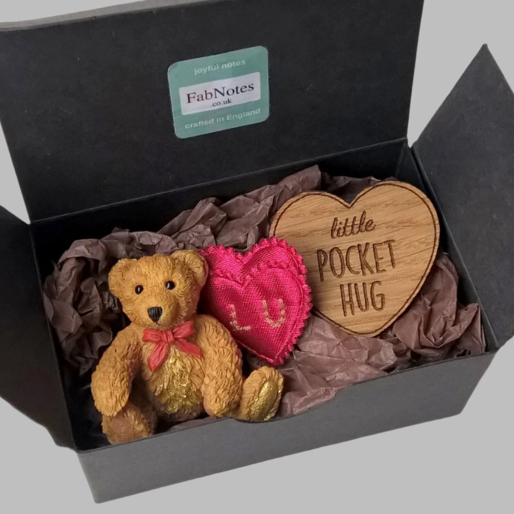 Vintage miniature ceramic tawny bear from 1995 hand gilded with pure 24ct gold and gift boxed with embroidered red satin heart and wooden heart pocket hug