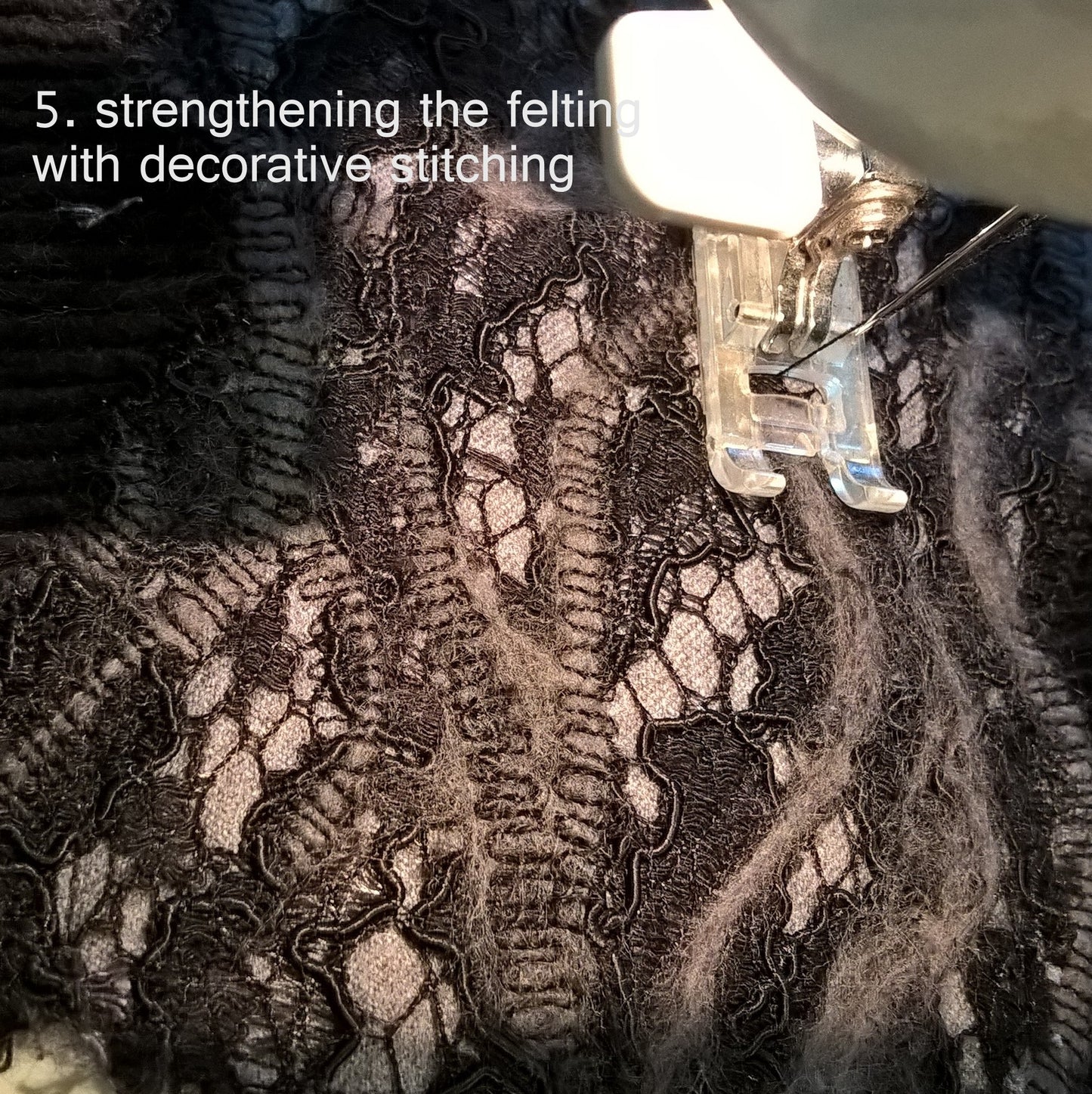 The creative process - machine stitching a decorative stitch over the wisps of felting on the smoking cap tip
