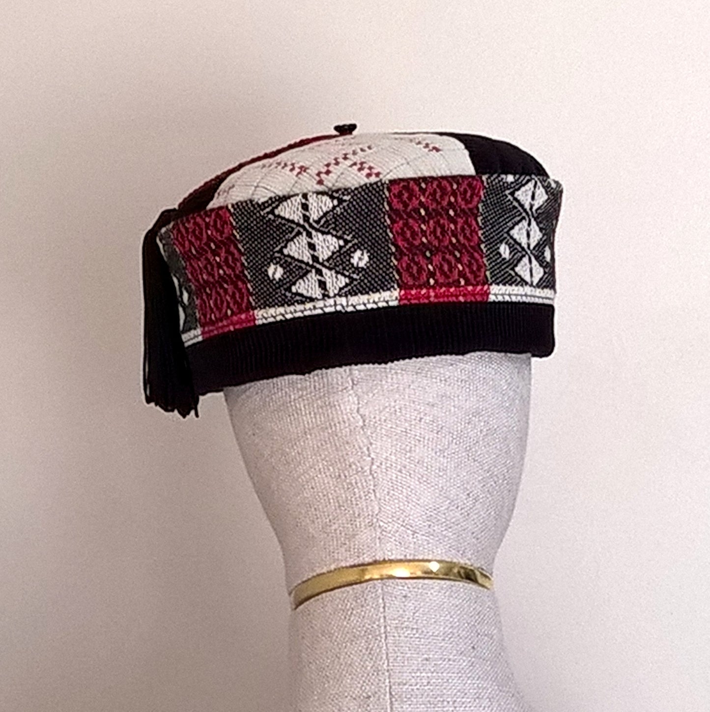 Back view of Aztec patterned smoking cap