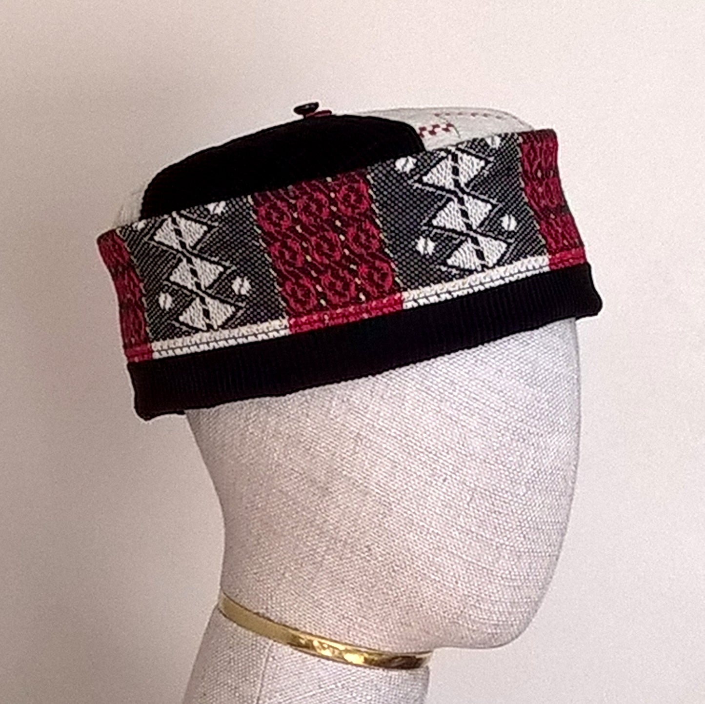 Handmade Pillbox shaped smoking cap with patchwork tip and Aztec patterned crown