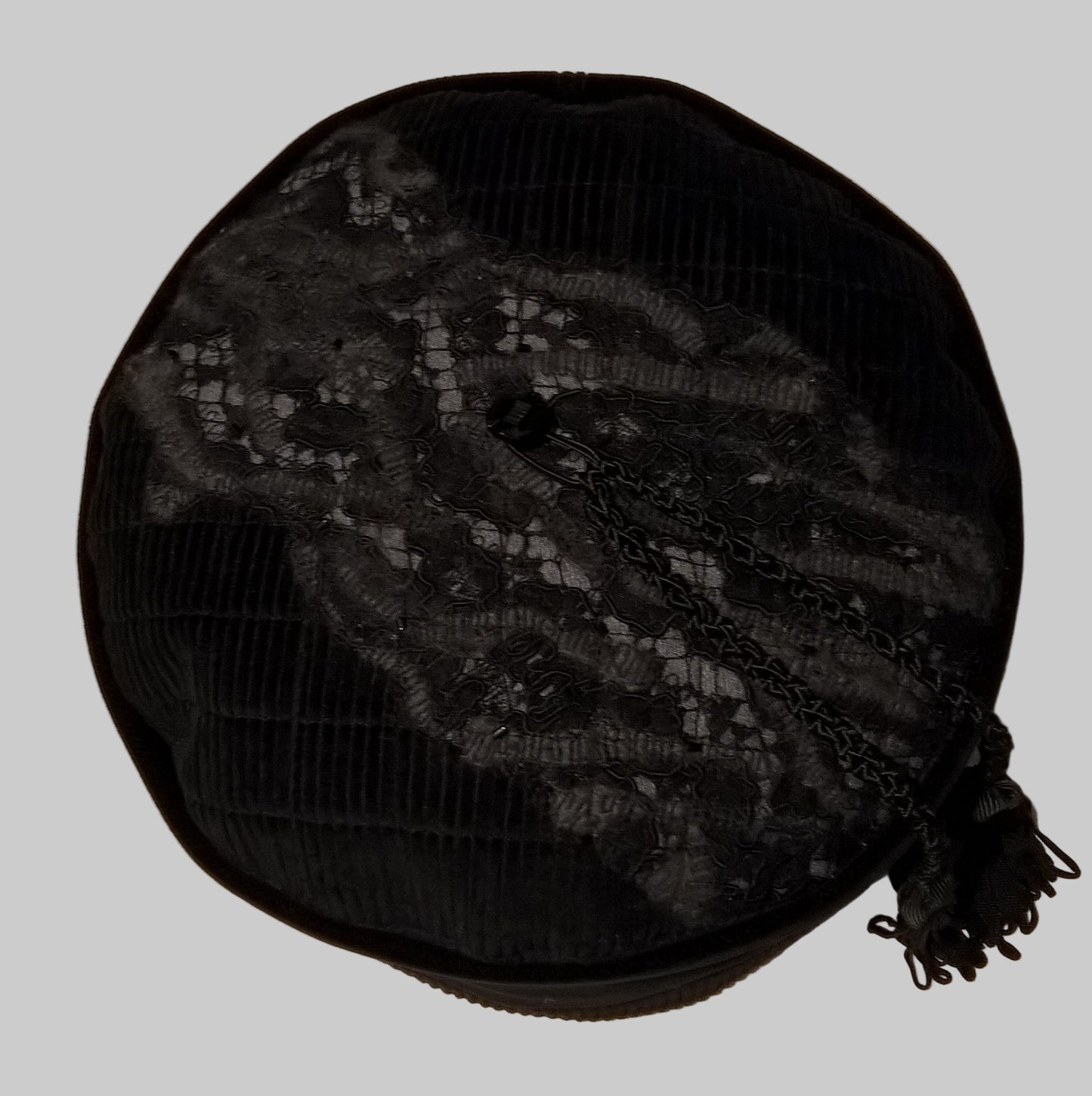 Black lace and grey wool needle felted on tip of smoking cap