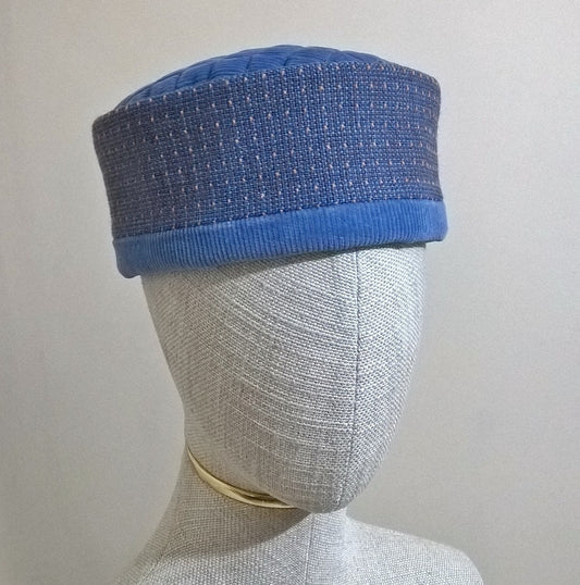 Blue ethnic smoking cap with frosted beading on quilted tip