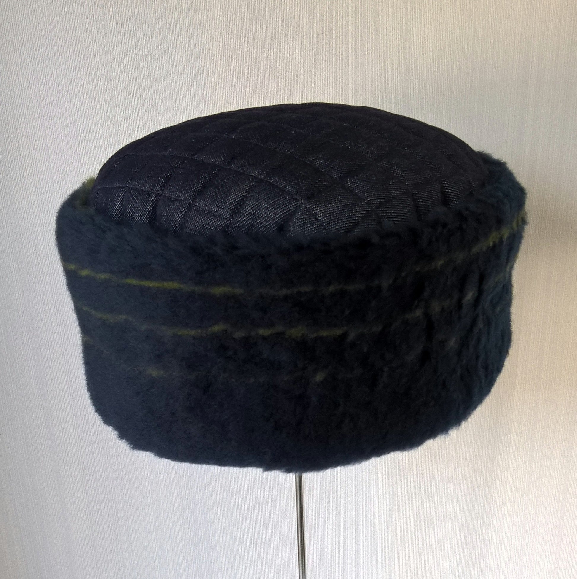 Pillbox shaped hat handmade in blue denim and blue wool fur  with green stripes 