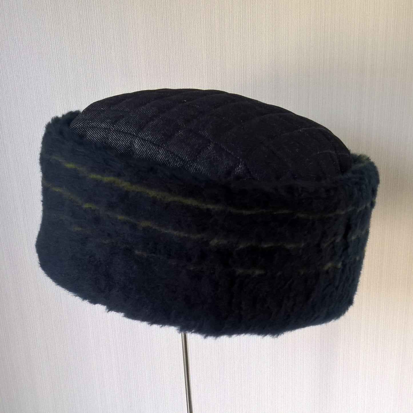 Pillbox shaped cap handmade in blue denim and wool fur