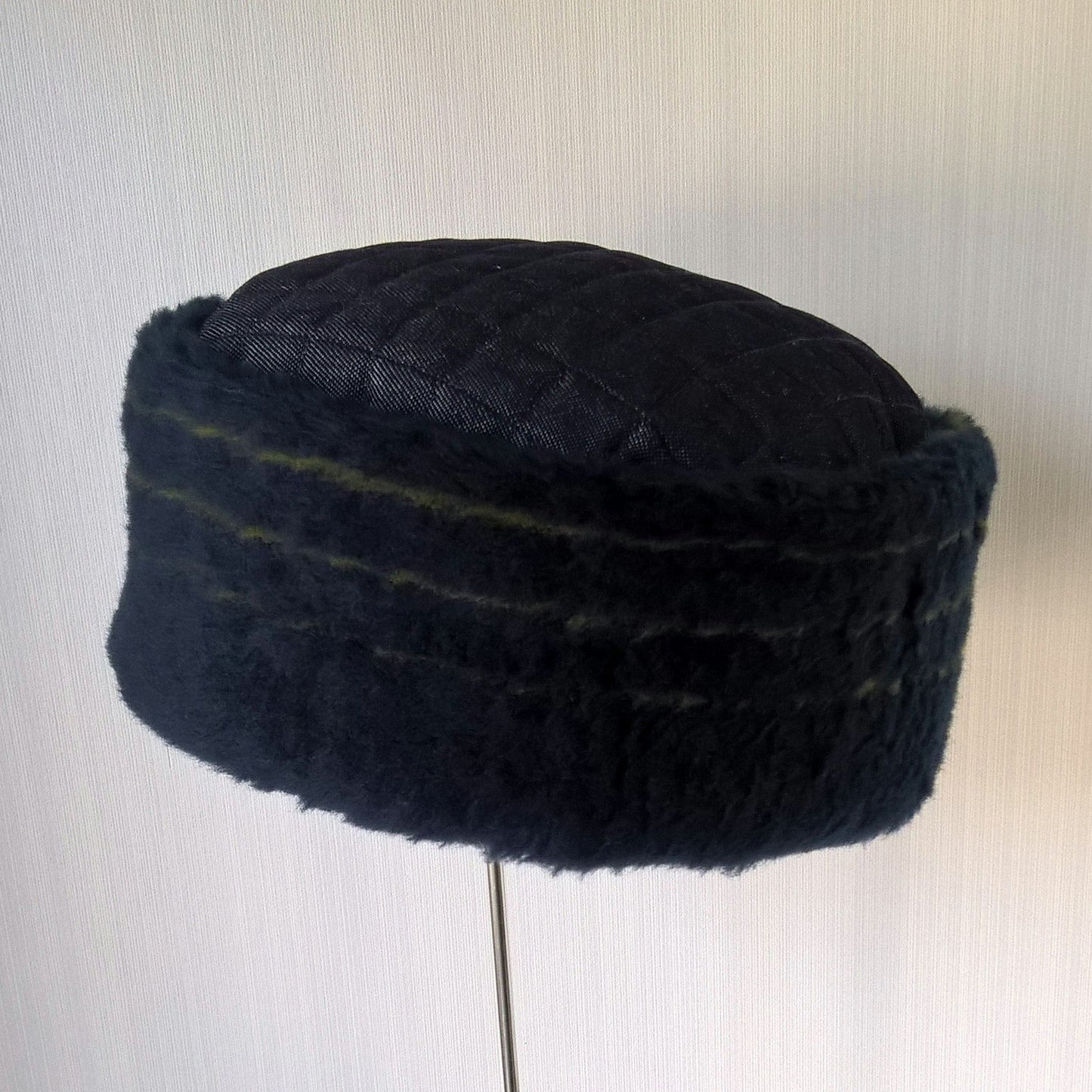 Blue brimless hat with quilted denim tip and wool fur crown