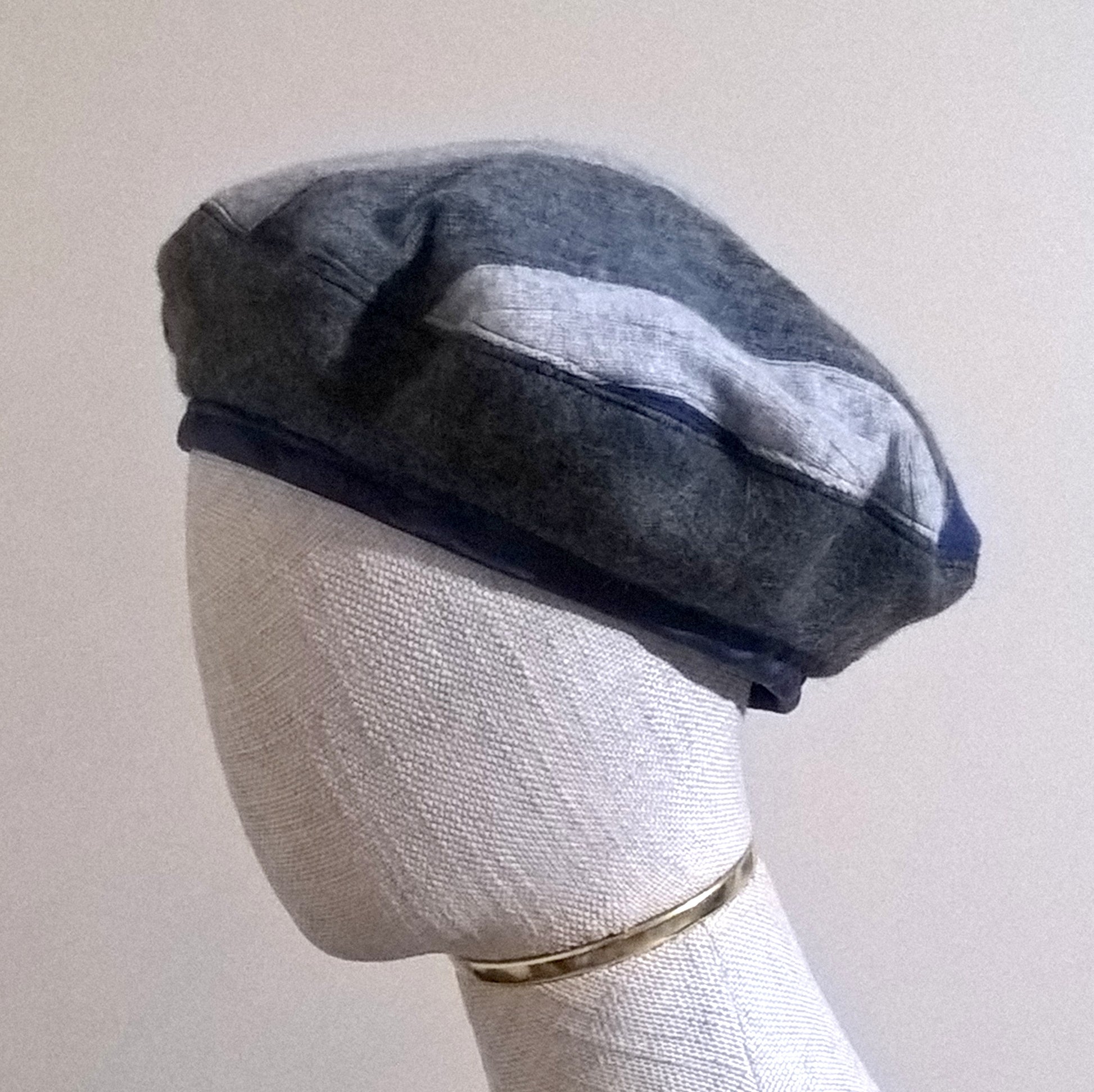 Patchwork beret handmade with up-cycled cashmere sweaters and pure wool felt in blue and grey