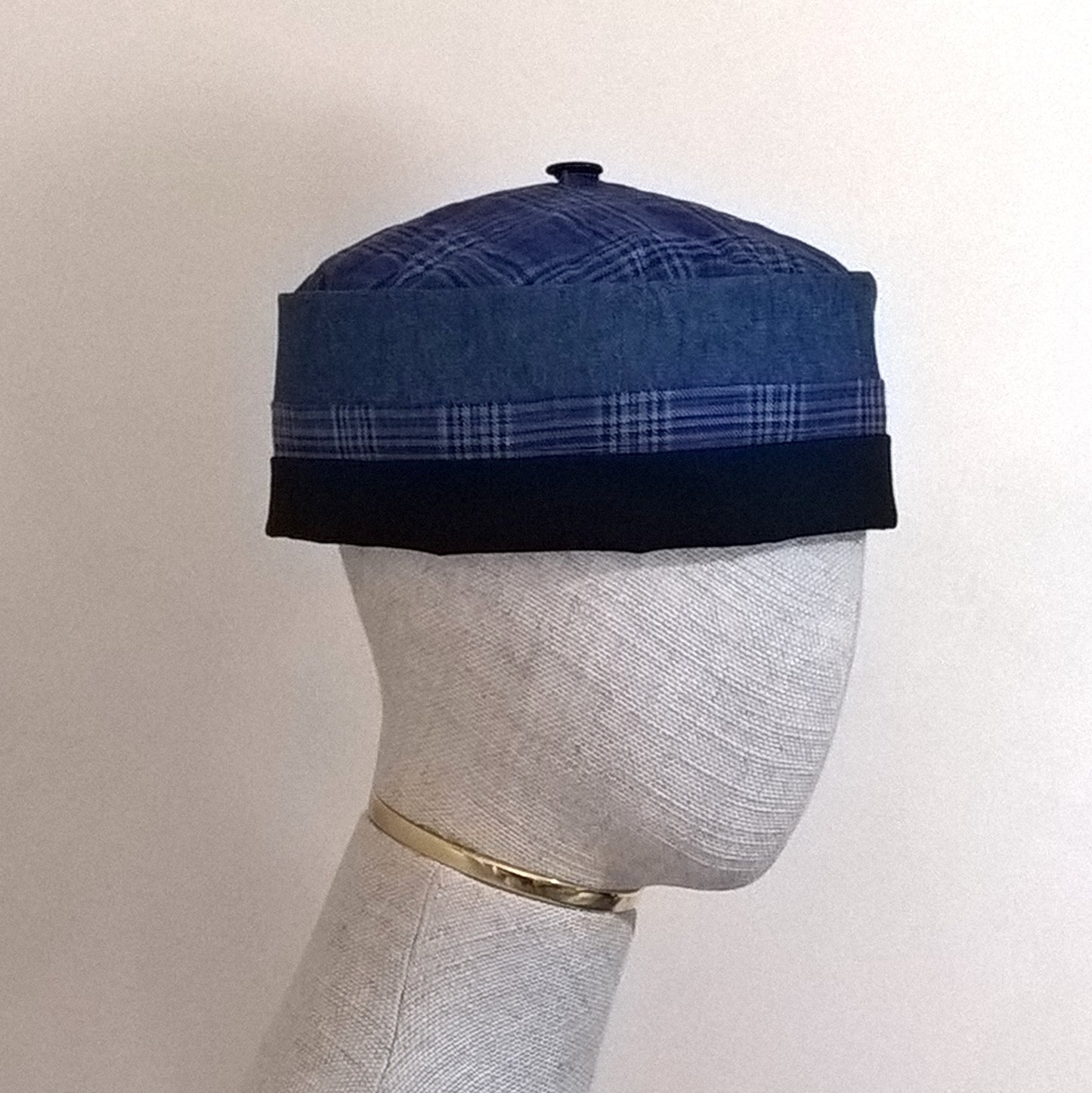 Light weight smoking cap in cobalt blue with removable leather tassel