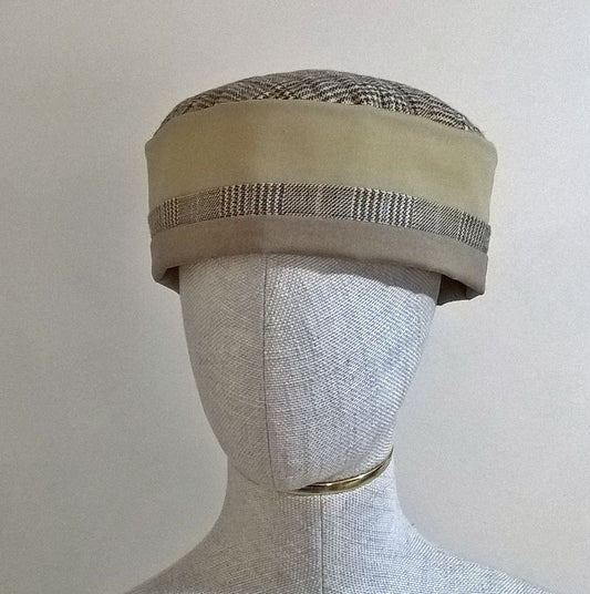 Tweed brimless wool hat in mustard and taupe with cotton lining