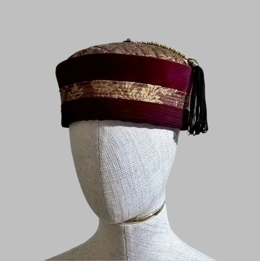 Smoking cap handmade in gold brocade, red velvet and burgundy corduroy with removable macrame tassel