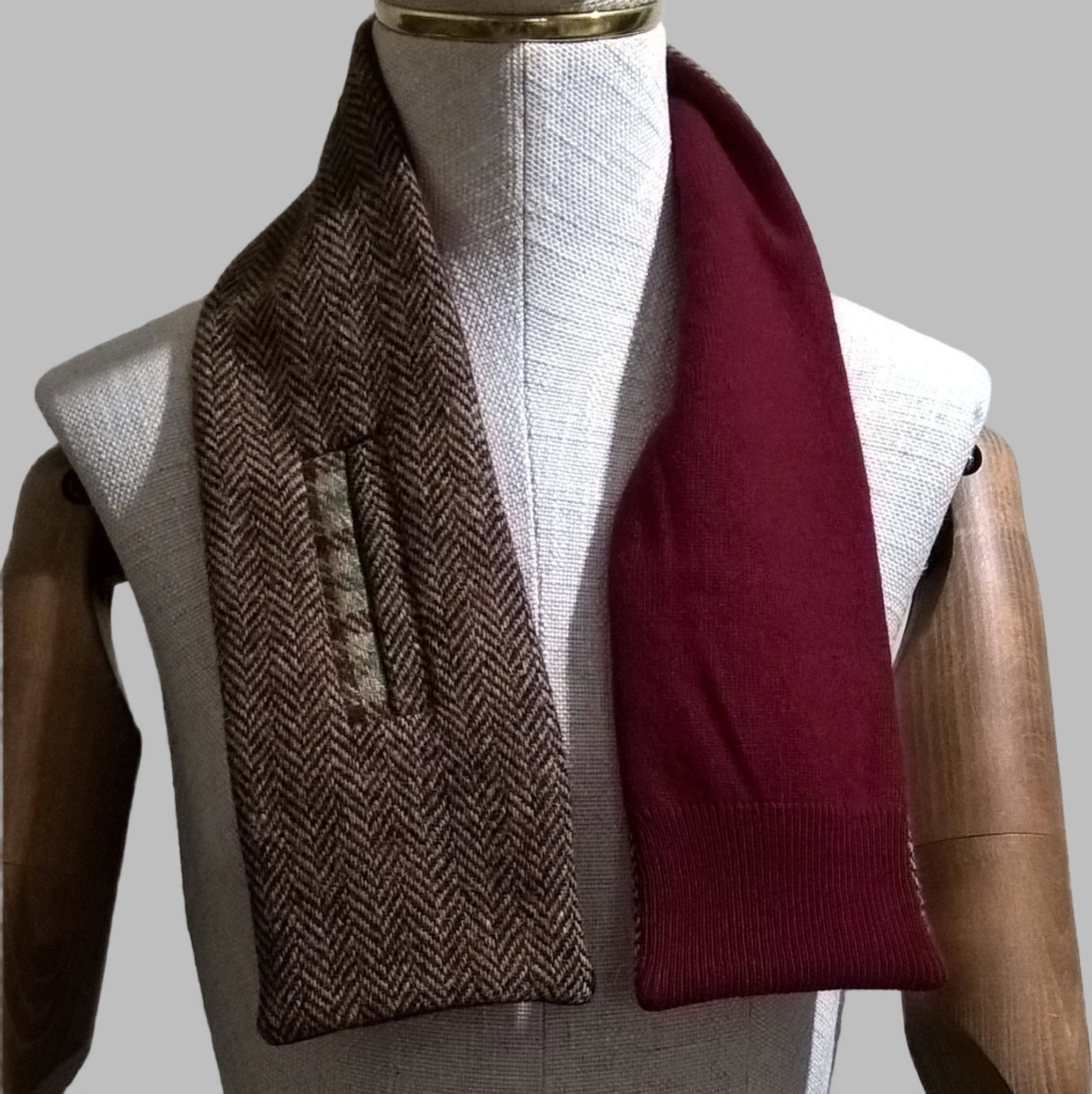 Brown herringbone Harris Tweed scarf with pure cashmere lining from up-cycled burgundy sweater