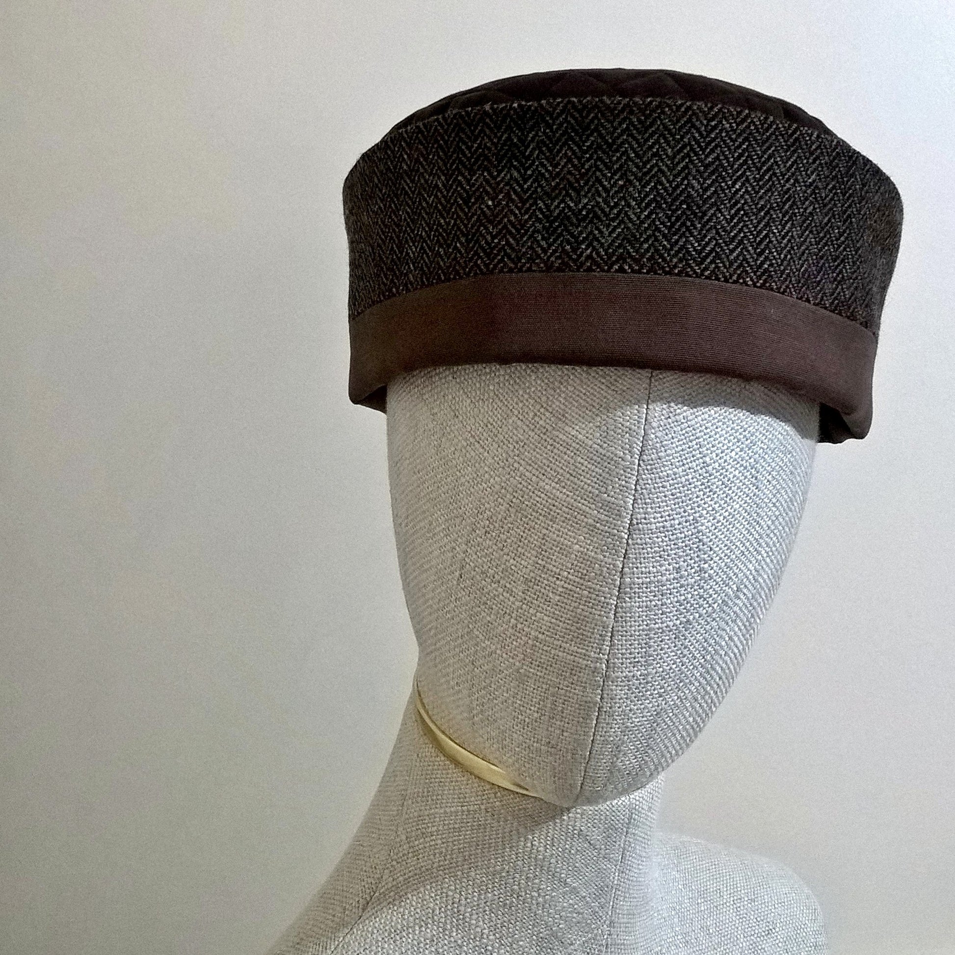 Wool smoking cap handmade in brown tweed herringbone