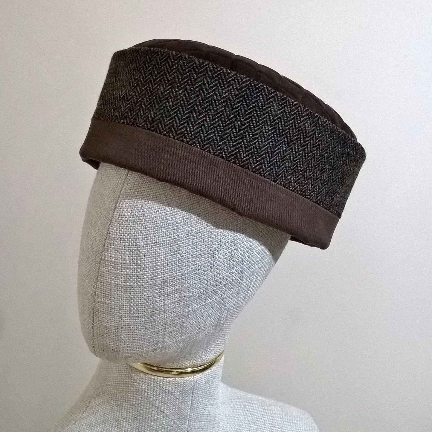 Brown herringbone brimless wool smoking cap