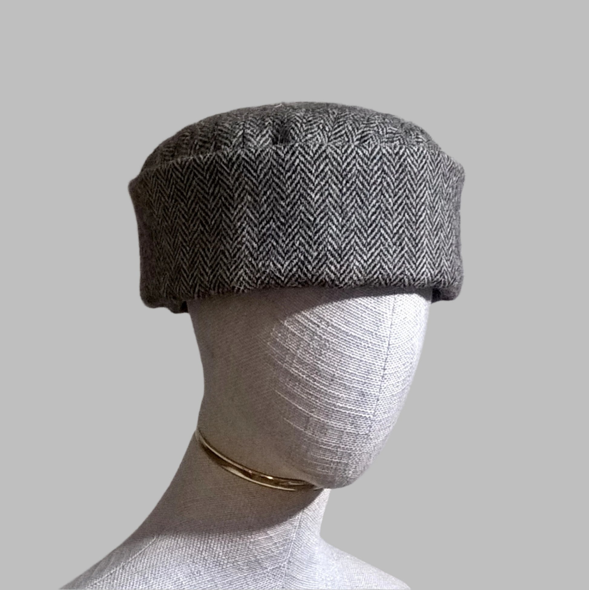 Brimless pillbox smoking cap handmade in Harris Tweed wool with quilted cotton lining