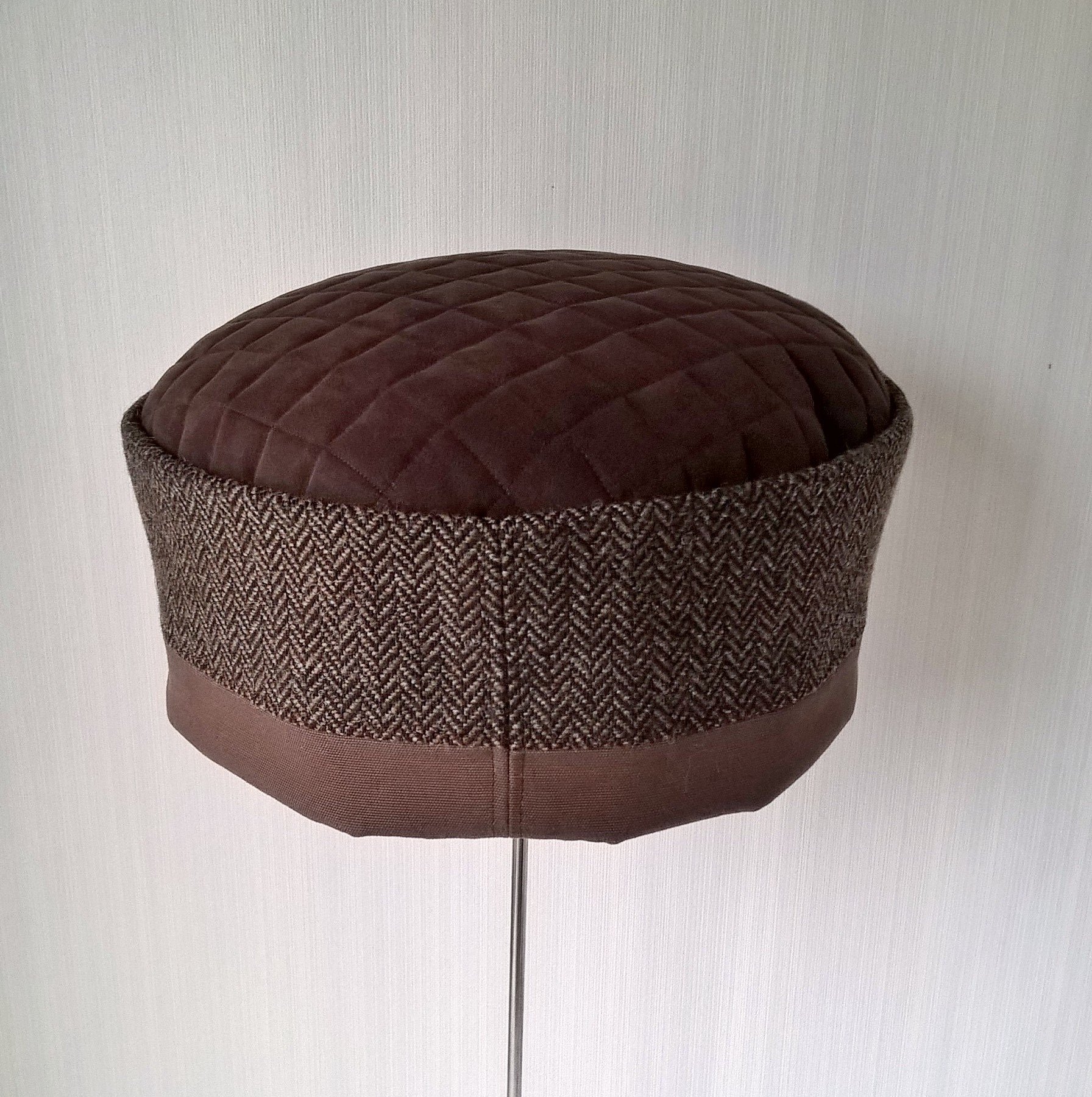 Back view of brown herringbone wool hat