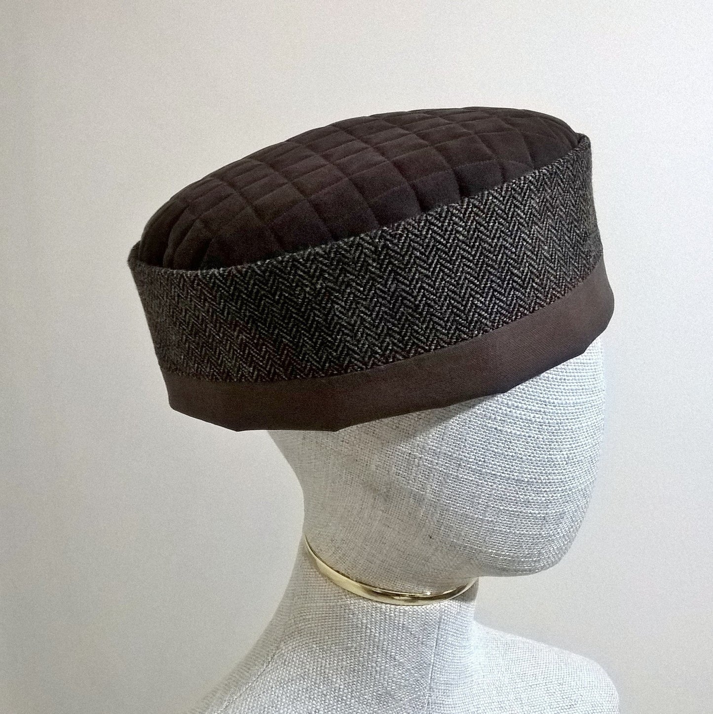 Handmade brown herringbone wool brimless cap