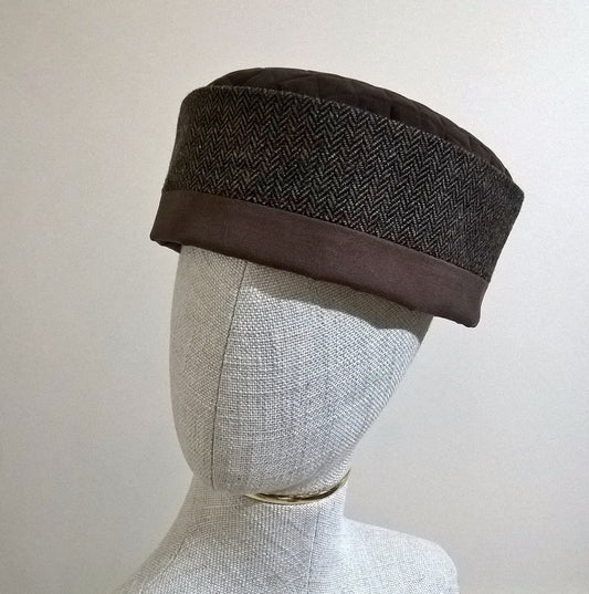 Brown herringbone wool pillbox hat