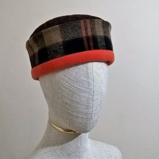 Brown and orange check corduroy and fleece brimless hat