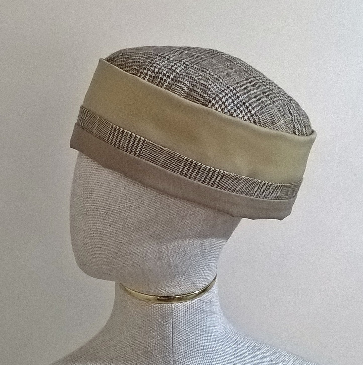 Mustard yellow, taupe and tweed, wool and cotton smoking cap