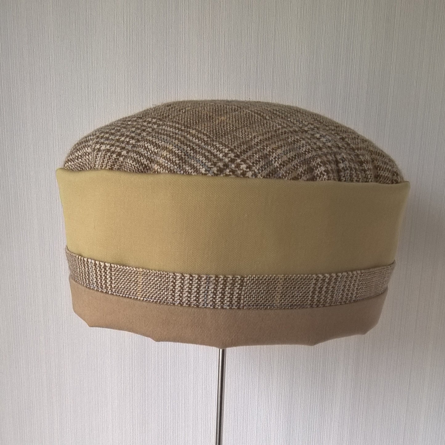 Light, breathable smoking cap  handmade in tweed and mustard wool, edged and lined with cotton