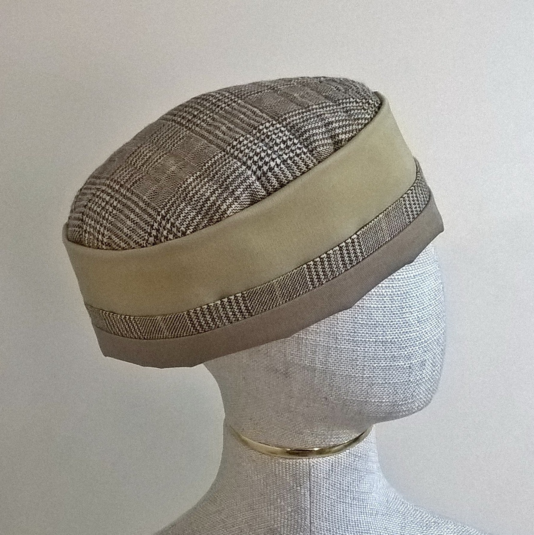 Mustard , taupe and tweed, wool and cotton breathable smoking cap