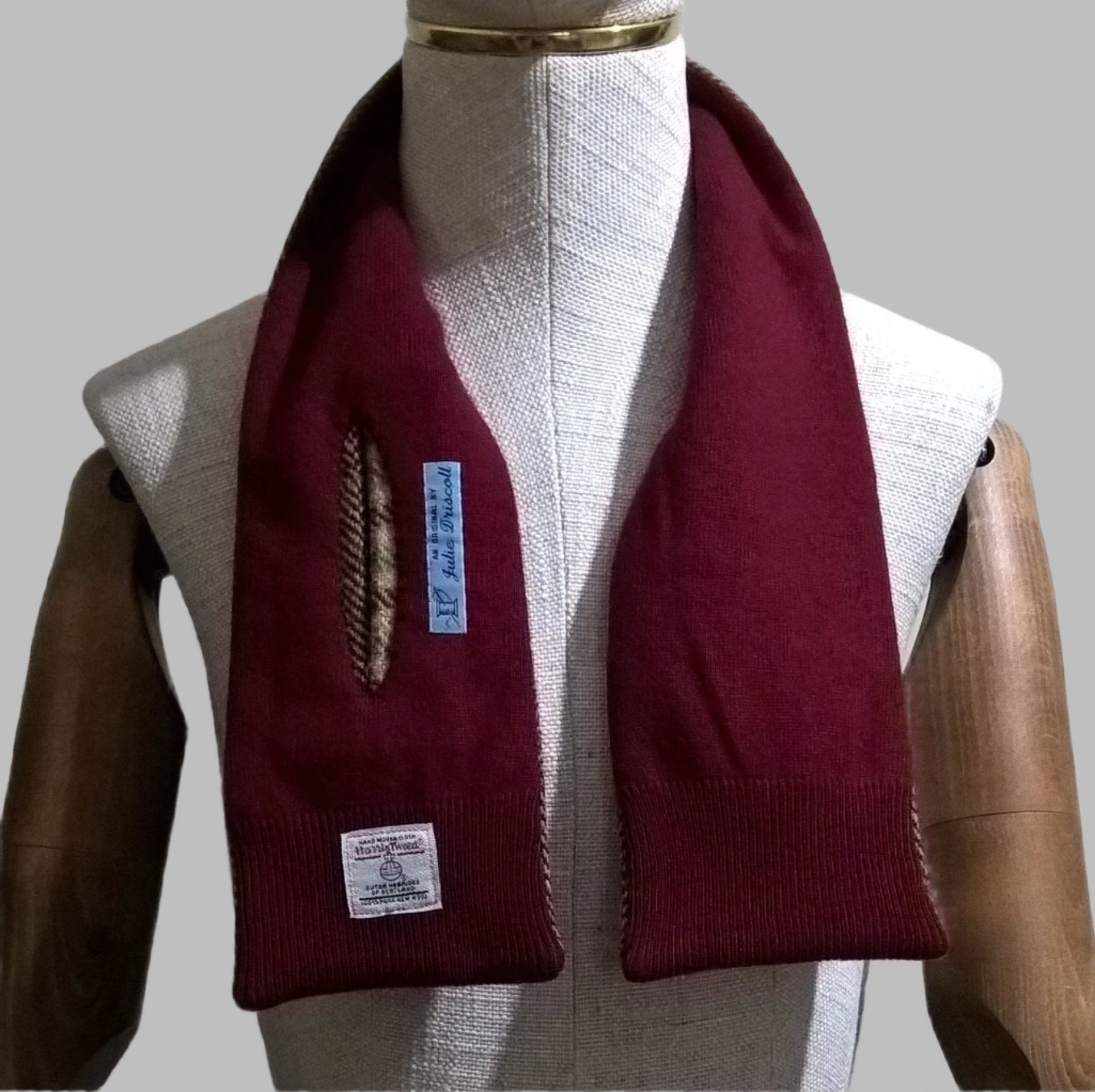 Harris Tweed scarf is fully lined with burgundy knitted cashmere from up-cycled sweater