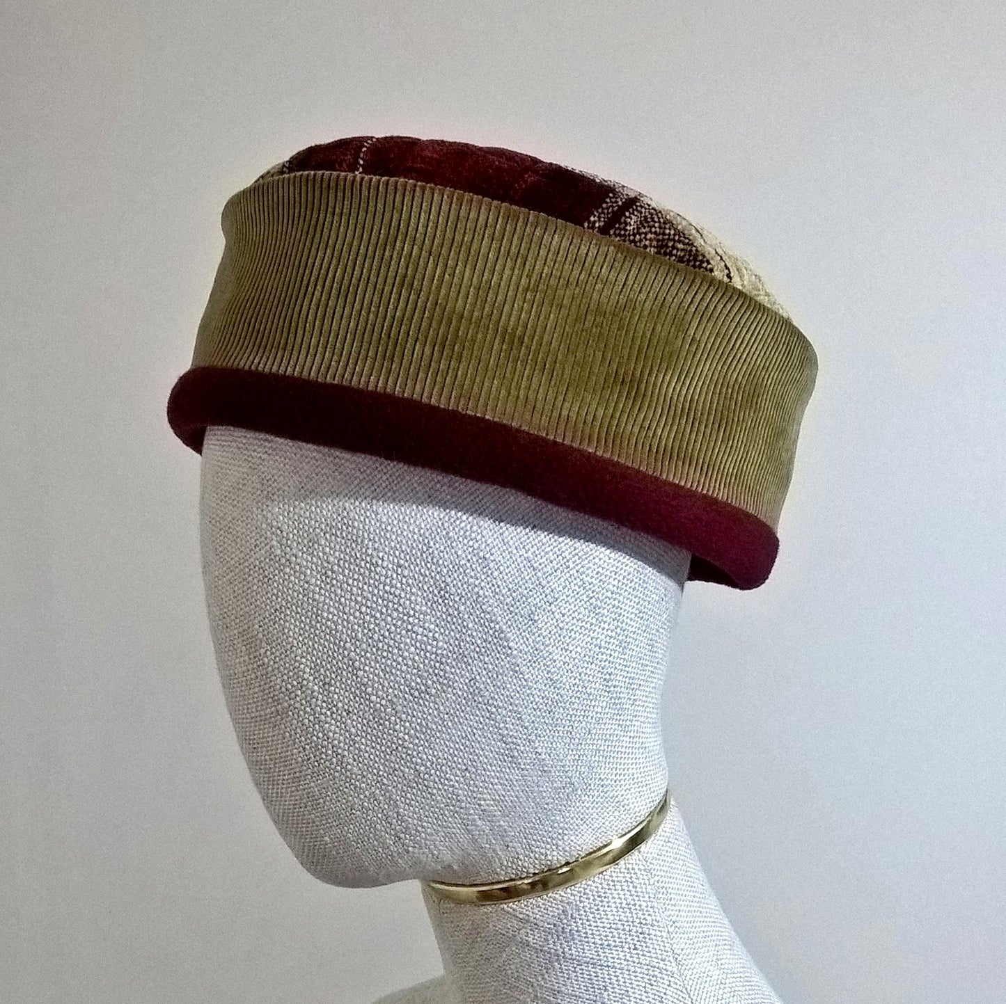 Olive green and burgundy corduroy and chenille smoking cap