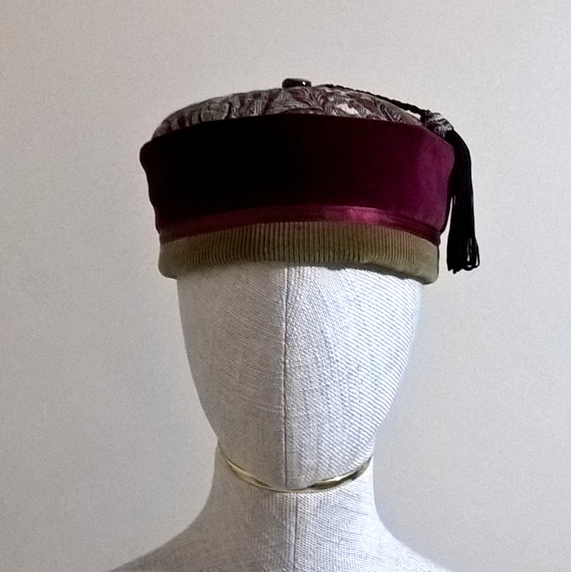 Pillbox shaped burgundy velvet and paisley tassel smoking cap