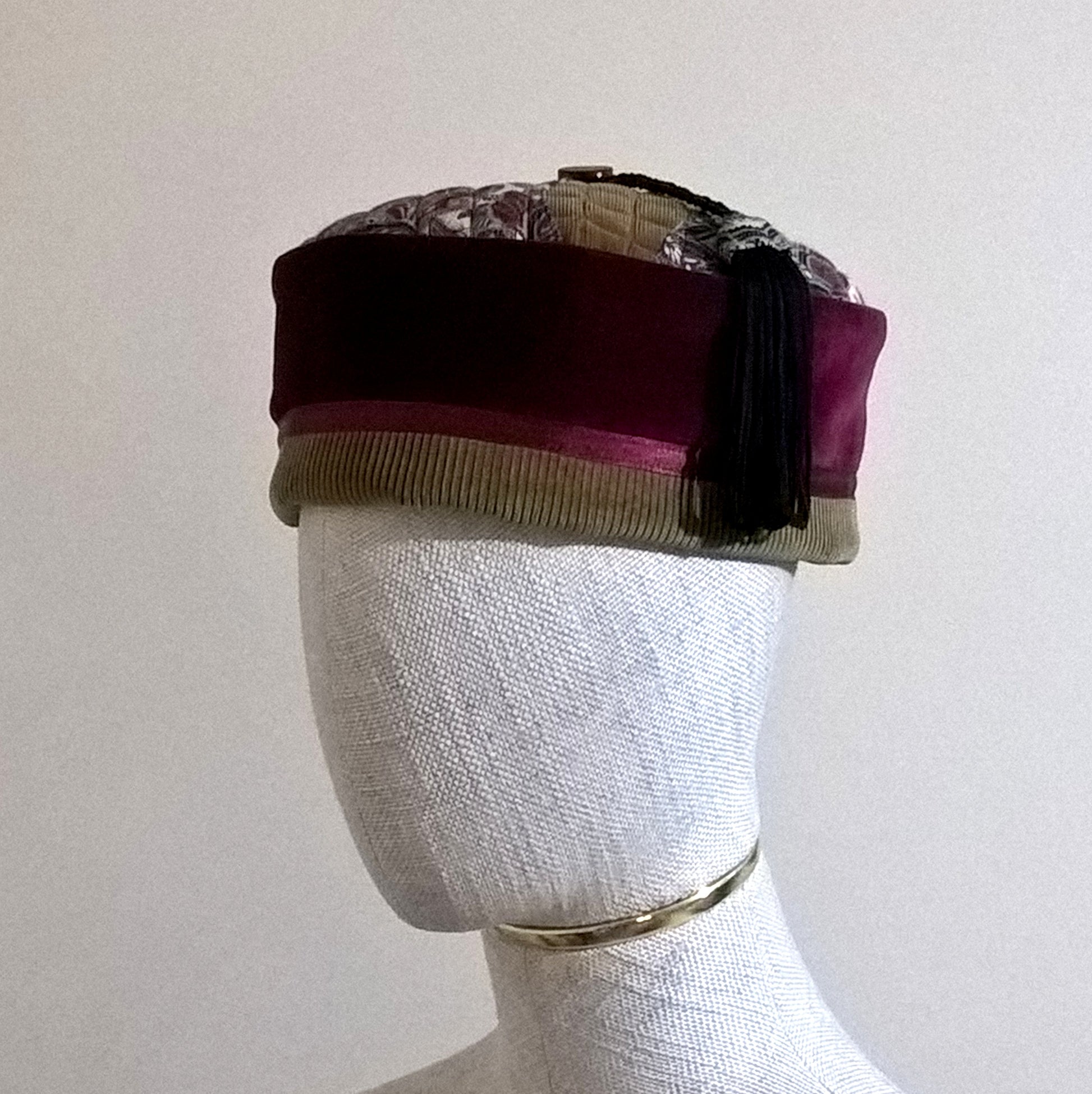 Burgundy velvet, paisley and corduroy smoking cap with macrame tassel