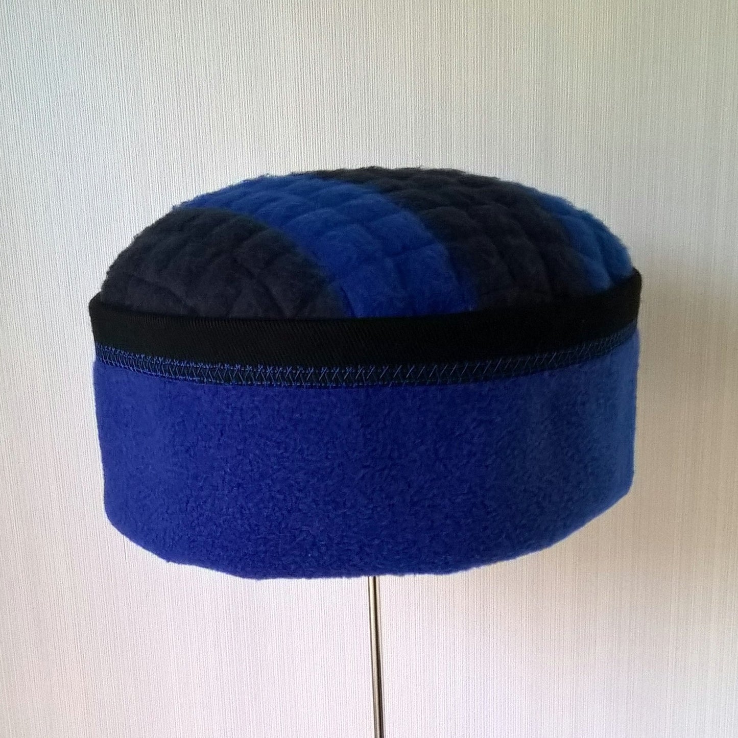 Blue and black handmade fleece cap