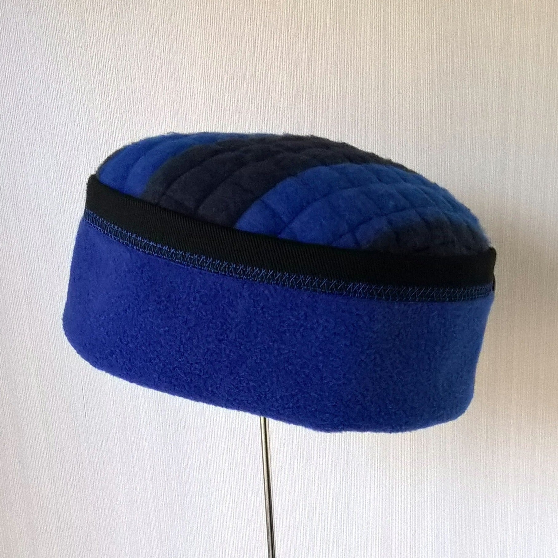 Brimless hat handmade in cobalt blue fleece and black cotton twill