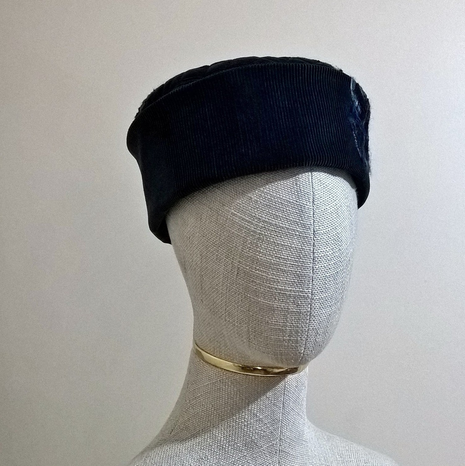 Smoking cap handmade in cyan blue corduroy and embellished with nuno felting and beading
