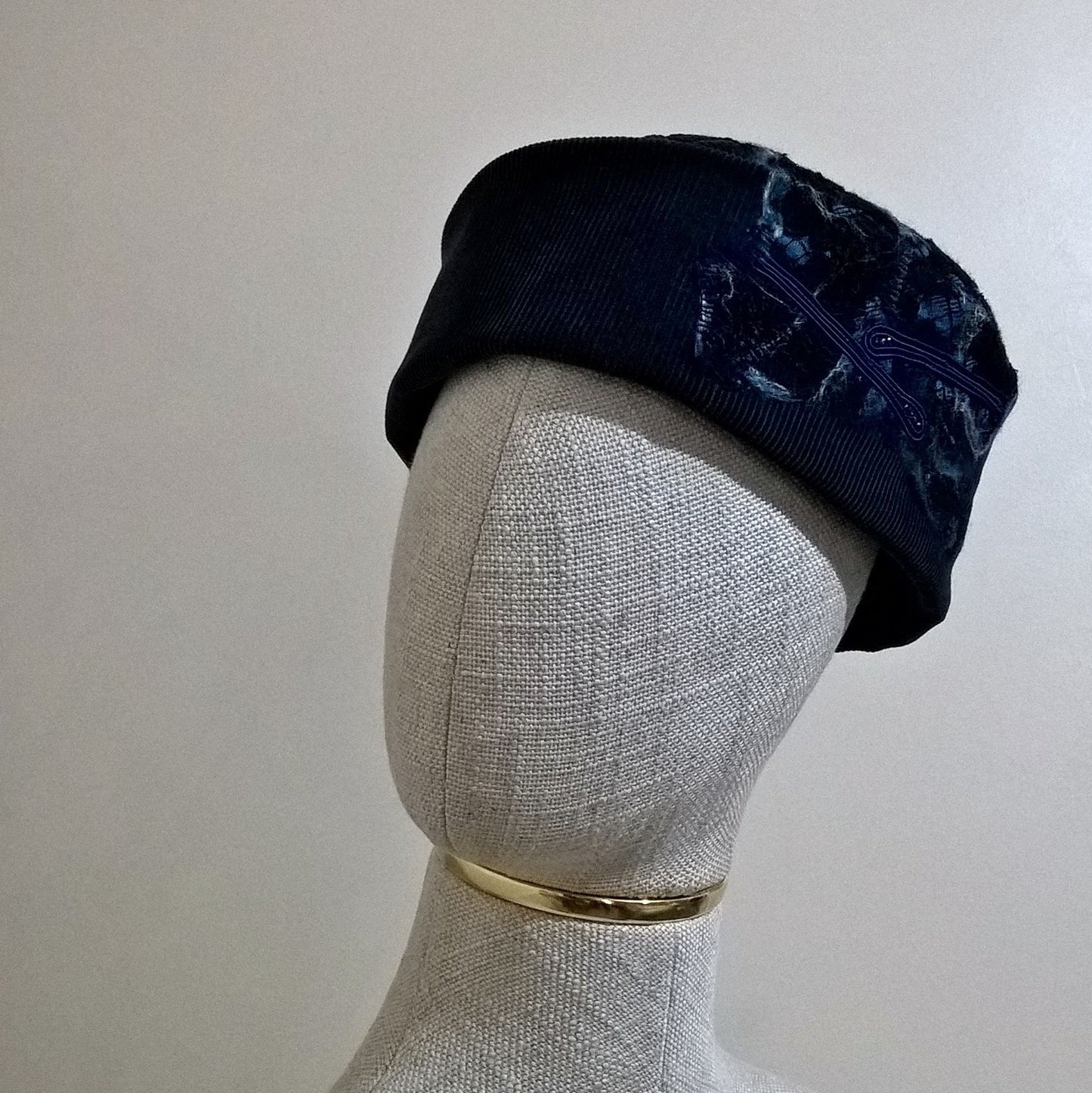 Gothic nuno felted pillbox hat with beading handmade in cyan blue corduroy