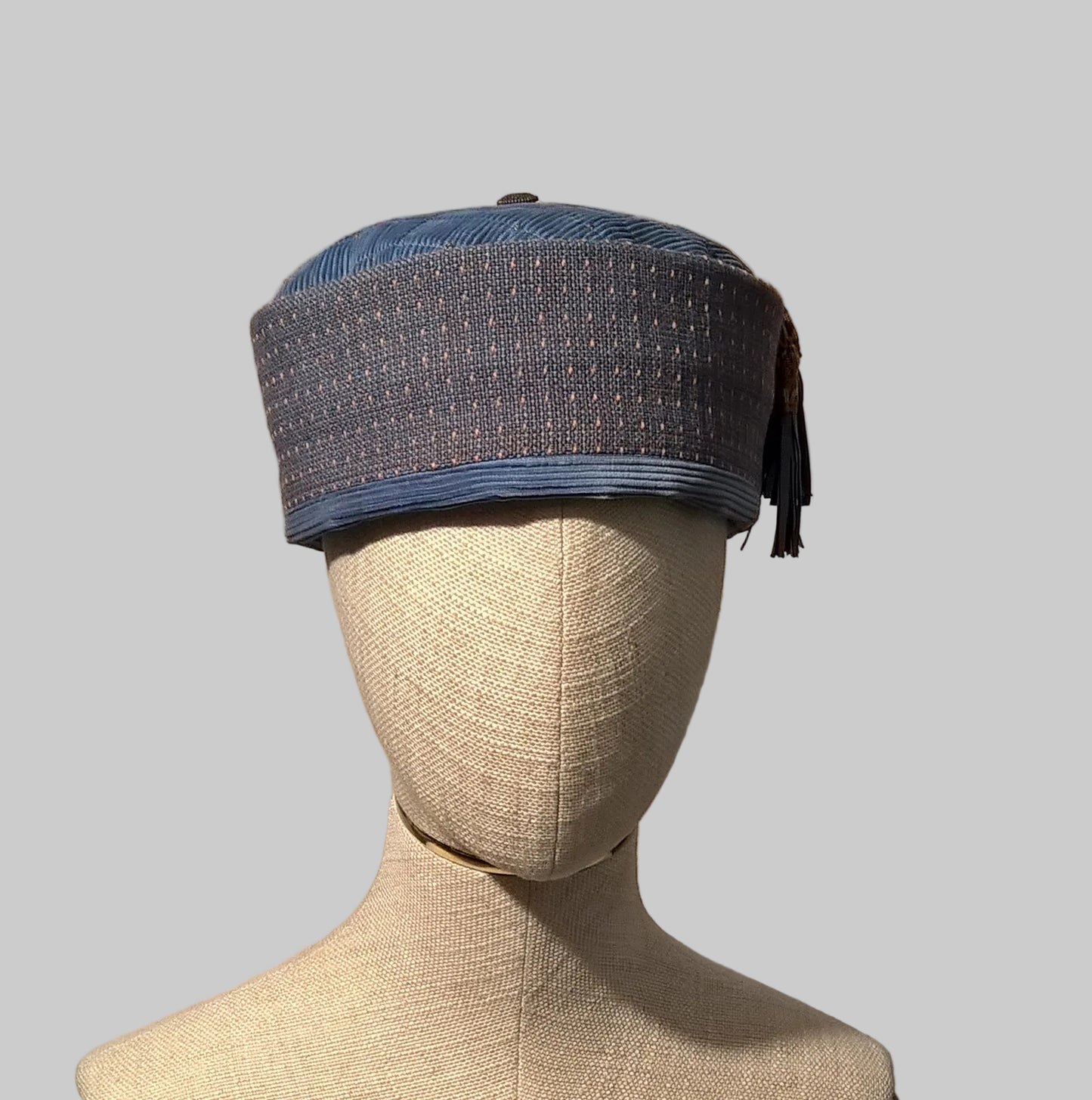 Pale blue Ethnic smoking cap with quilted and beaded tip, macrame tassel with leather fringing