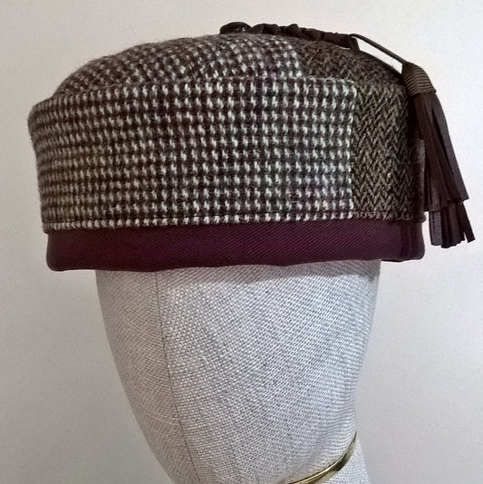 Wool smoking cap handmade from up-cycled Harris Tweed jackets with leather tassel