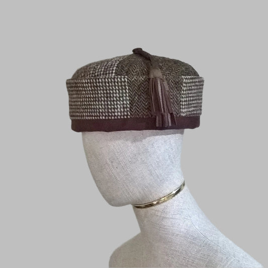 Harris Tweed wool brimless patchwork hat with leather tassel