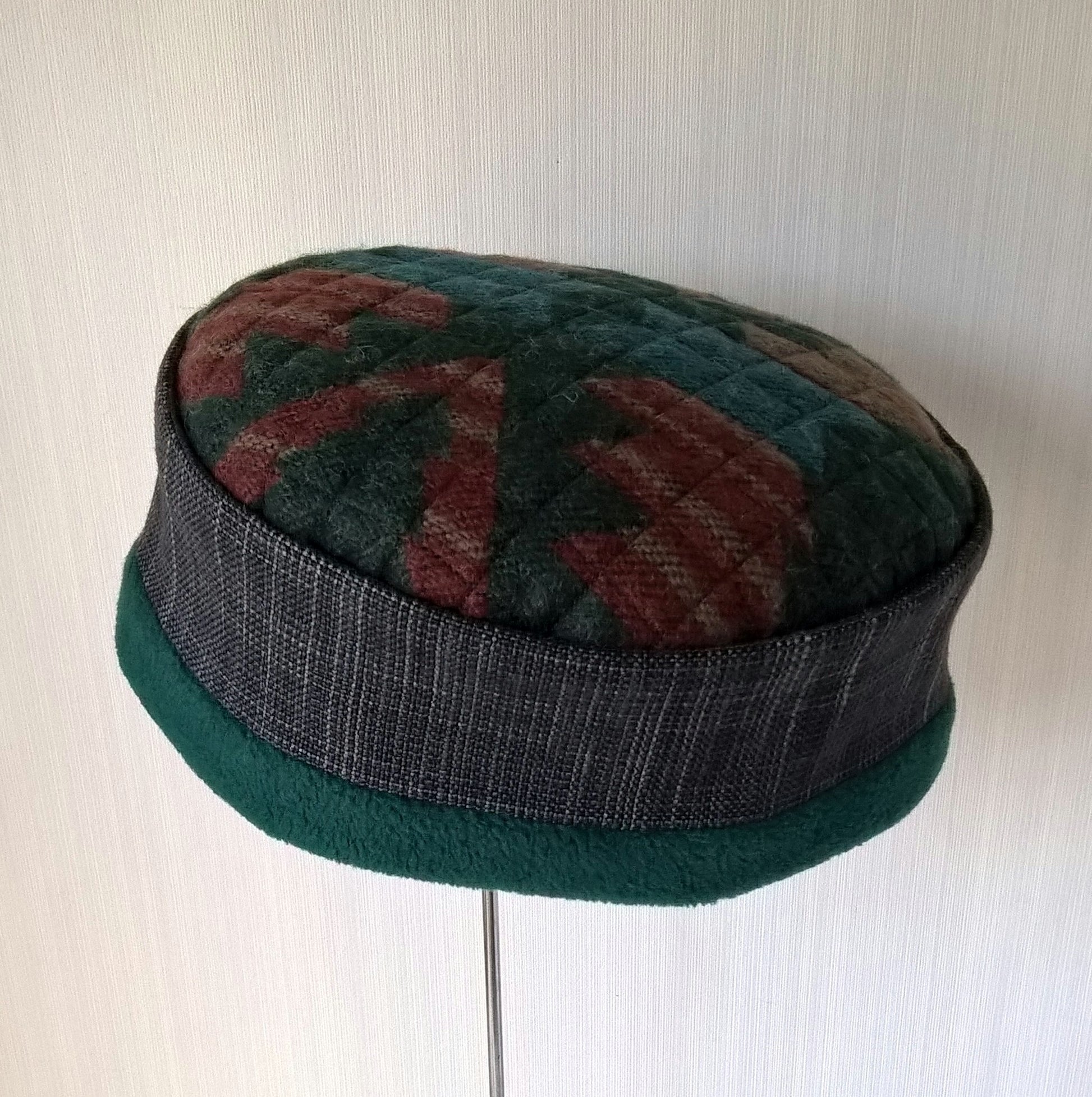 Aztec winter pillbox hat fleece lined in forest green