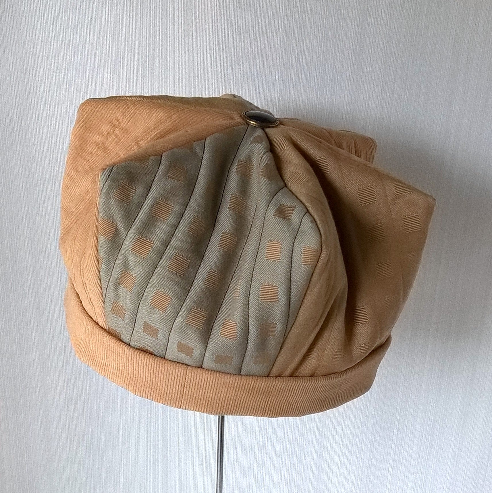 Crown shaped smoking cap handmade in corduroy and wool silk fabric