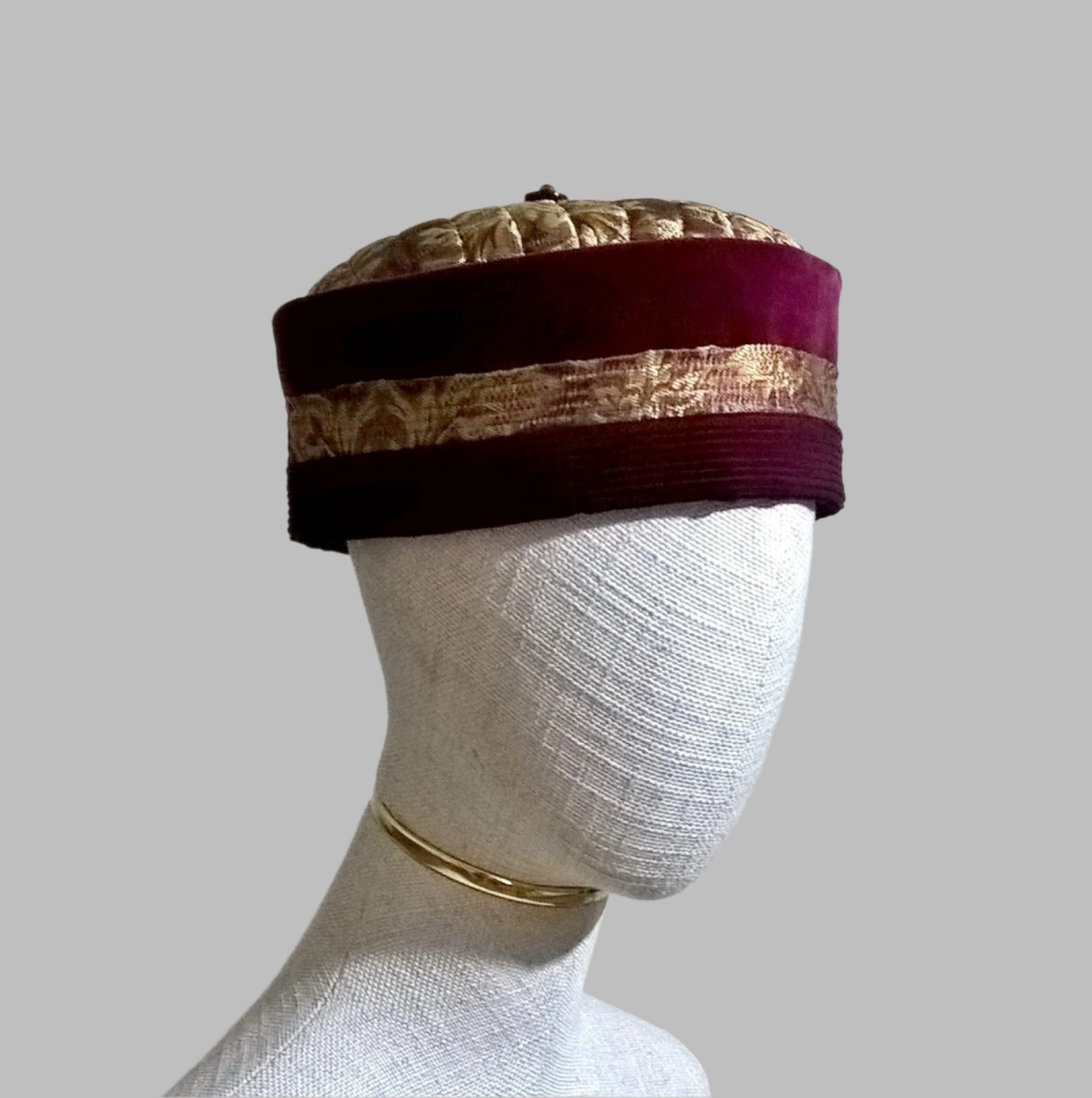 Thinking cap handmade in red velvet and gold brocade with removable macrame tassel