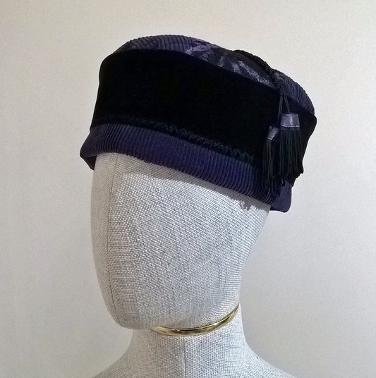 Purple corduroy and black velvet smoking cap with macrame tassel