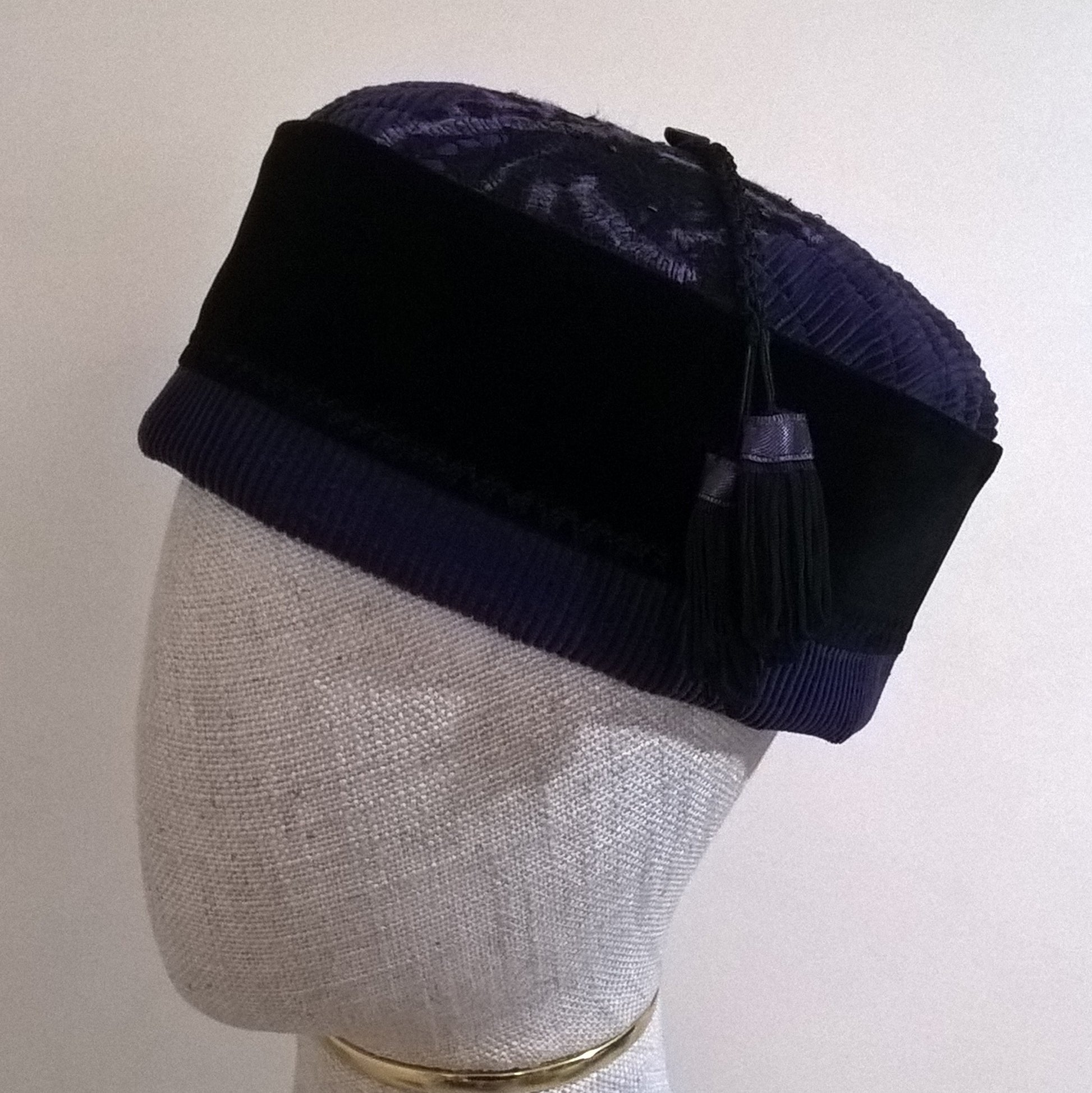 Purple and black pillbox style handmade smoking cap 