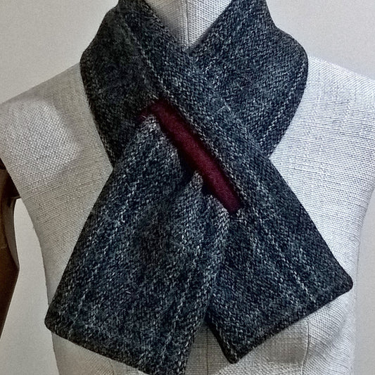 Grey and red check Harris Tweed wool Keyhole scarf cravat lined with knitted wool cashmere blend from up-cycled cardigan. 