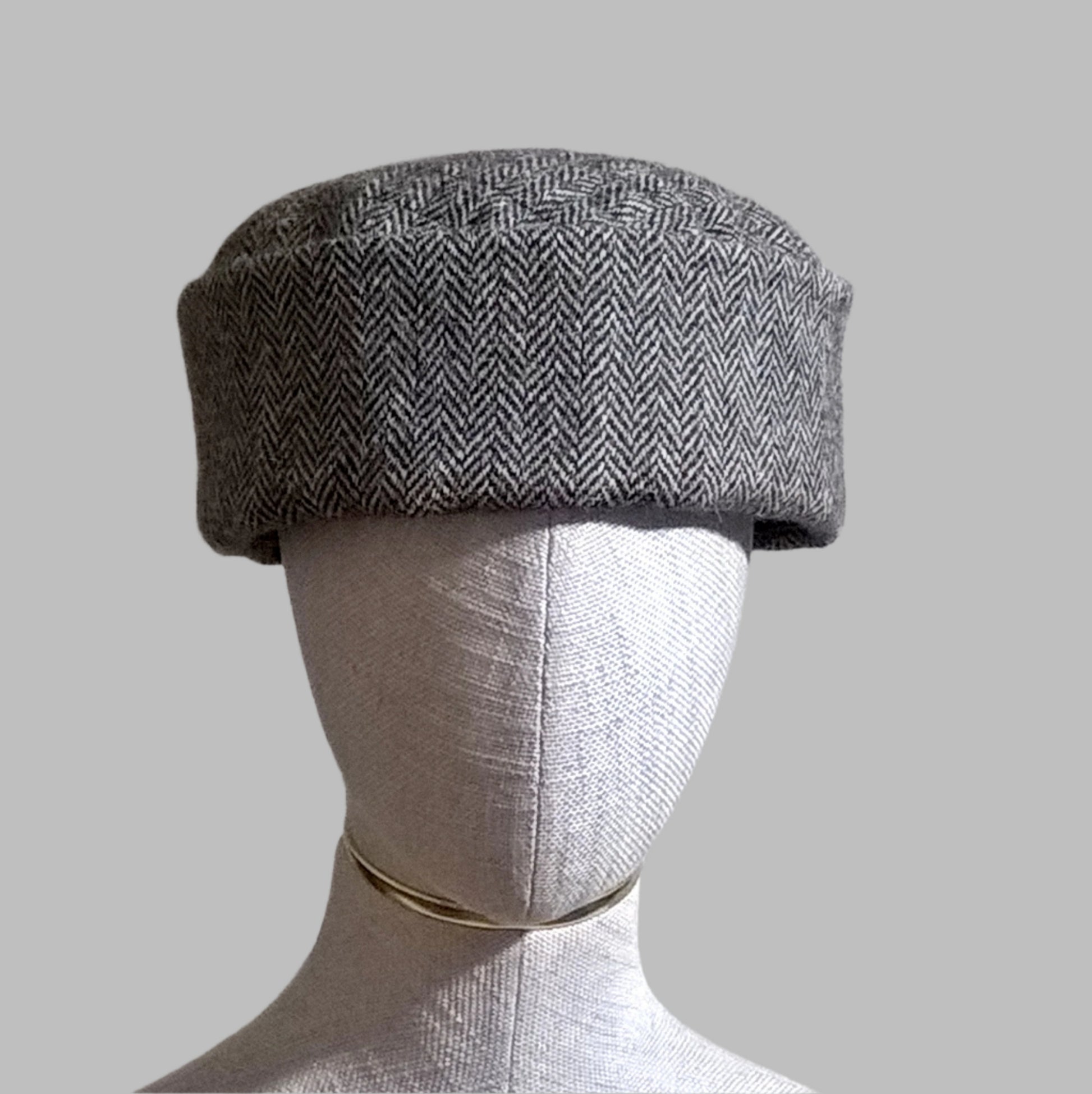 Pillbox smoking cap handmade in brown herringbone Harris Tweed wool lined with quilted cotton