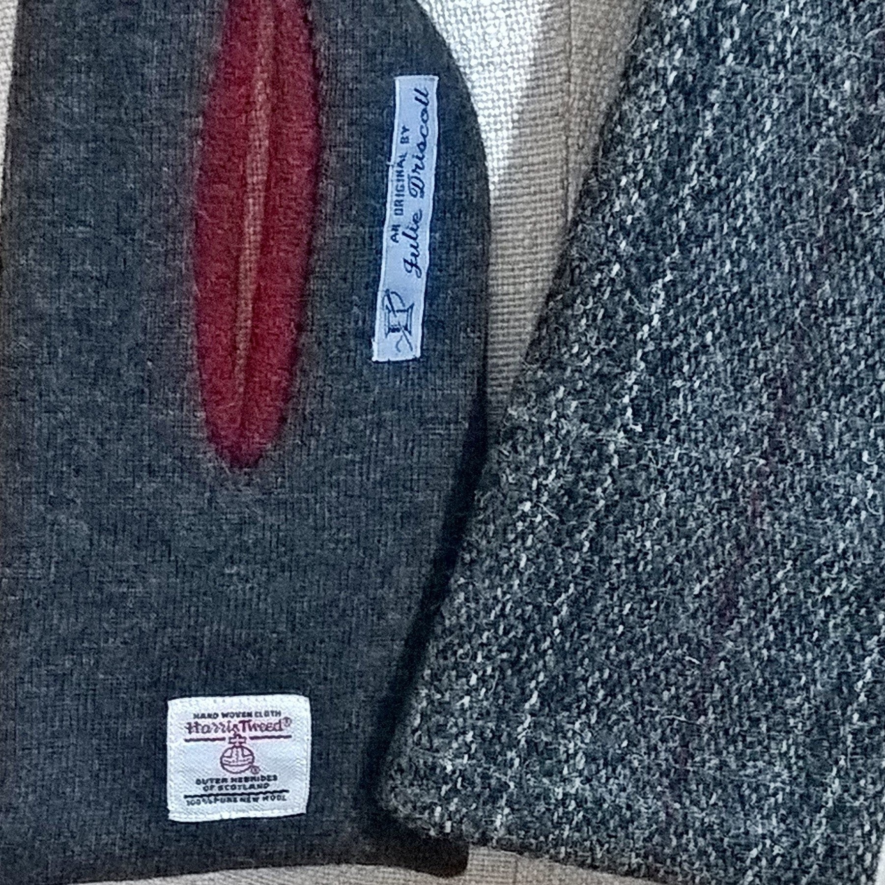 Harris Tweed label on inside of grey scarf